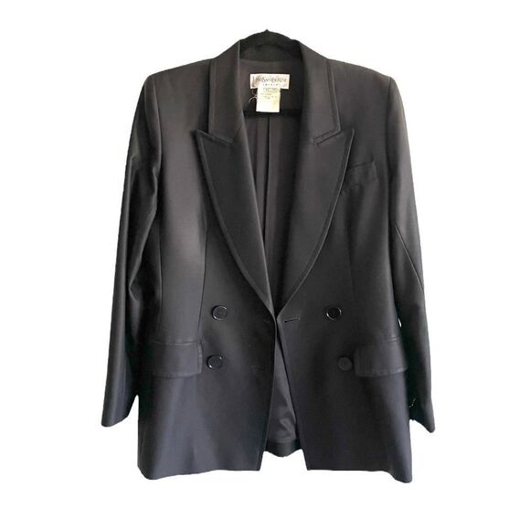 YSL YVES SAINT LAURENT Vintage Wool Double Breasted Blazer Black 10 - Picture 4 of 12